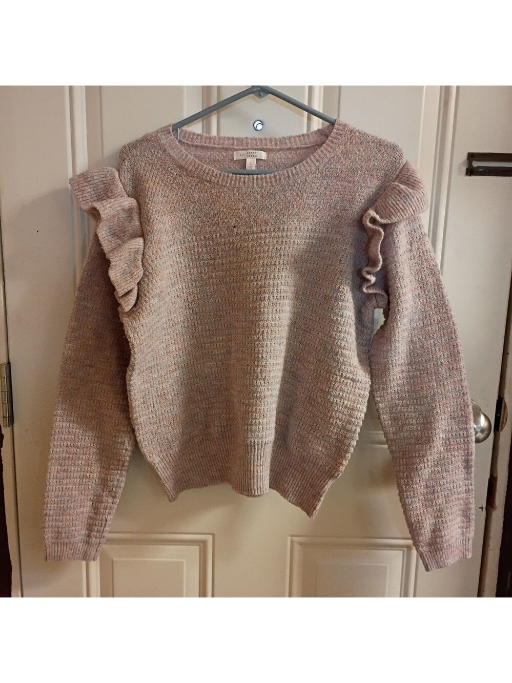2/$10 Lauren Conrad Ruffled Shoulder Knit Sweater in Blush Multi Large